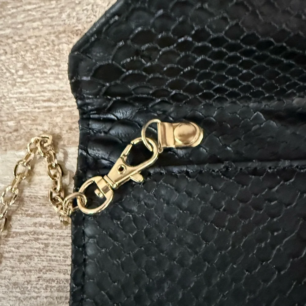 Urban Expressions Snakeskin Embossed Black Envelope Clutch with Gold Chain